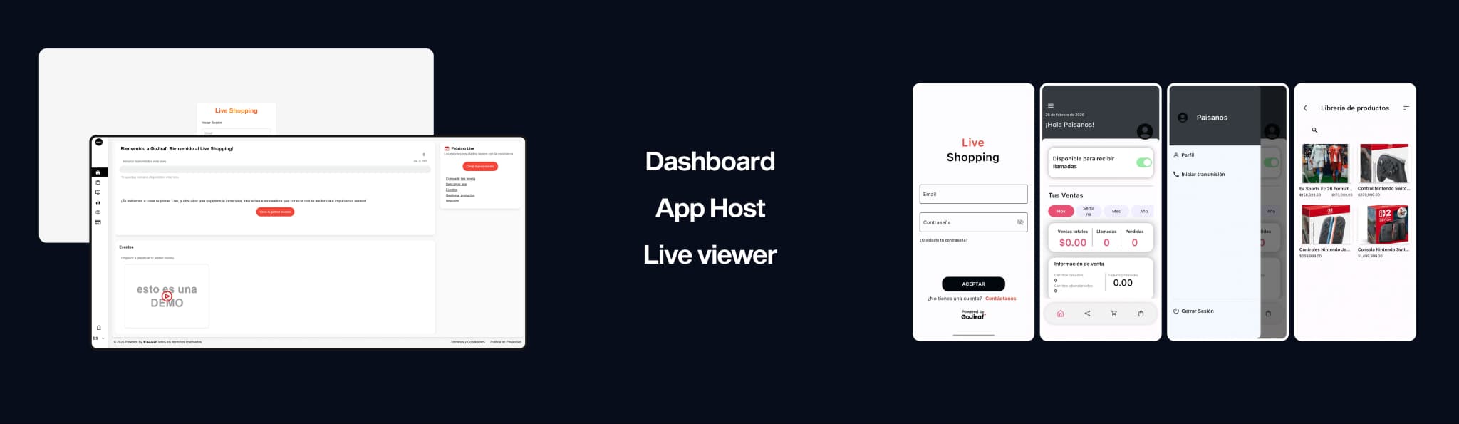 Gojiraf — platform overview: dashboard, host app and live viewer